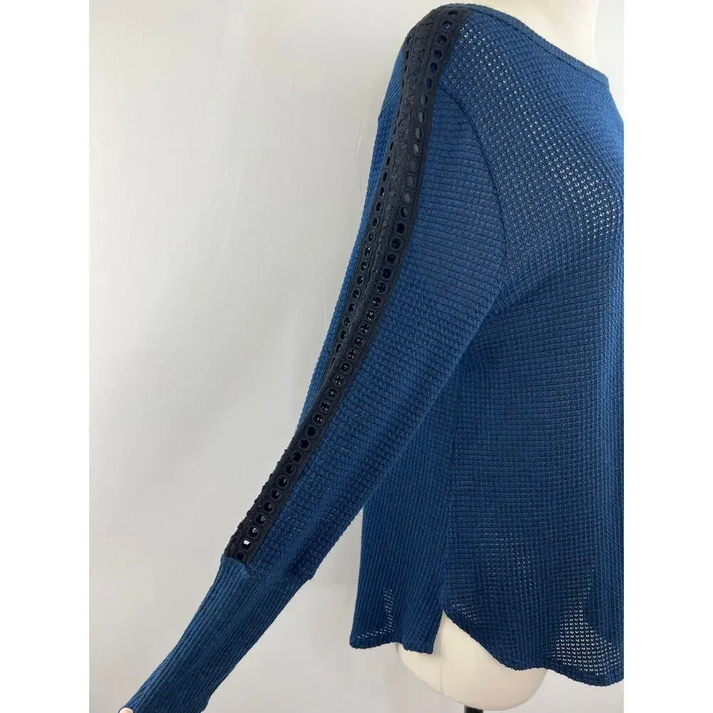 Soft Surrounding Bailey Sweater Blue Waffle Knit Lace Trim Petite Medium PM M